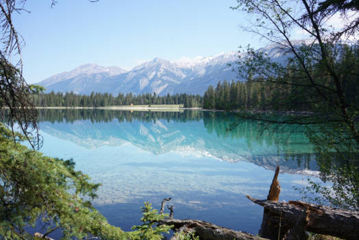Jasper National Park - Lake Annette als mooi omlijste spiegel voor de Rocky Mountains